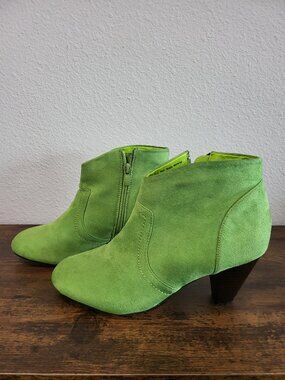 Boston Design Studio Lime Green Faux Suede Ankle Booties Side Zip Cone Heel